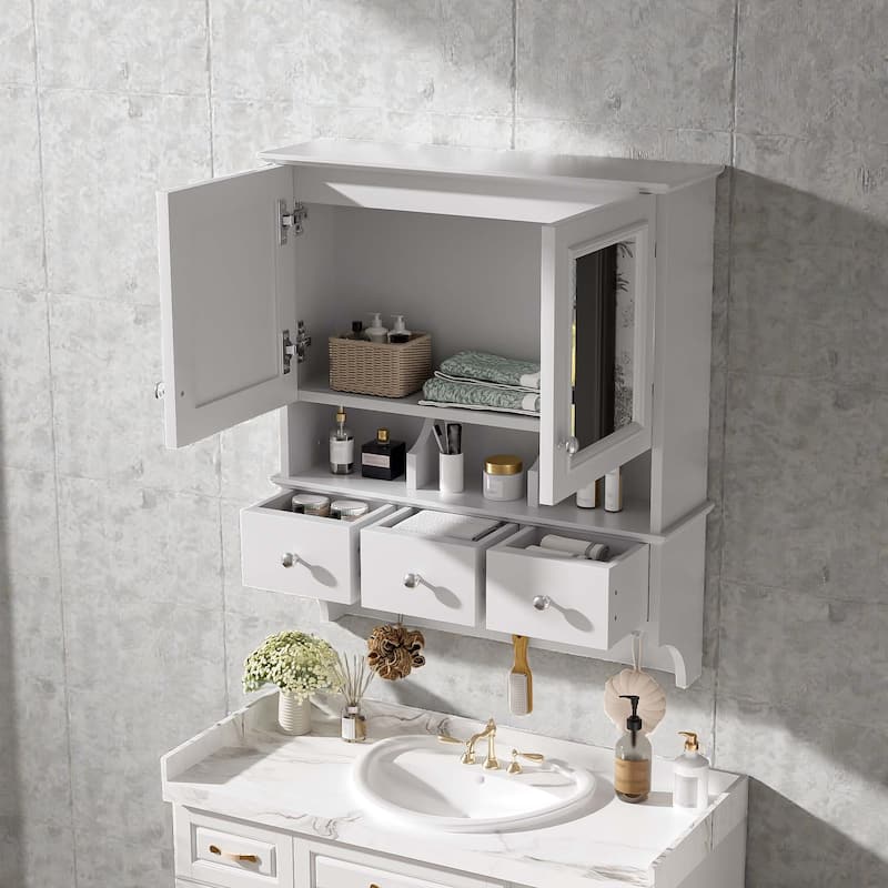 24 Inch 4-in-1 Wall Mounted Medicine Cabinet with Mirror, Drawers and Hooks, Bathroom Storage Organizer