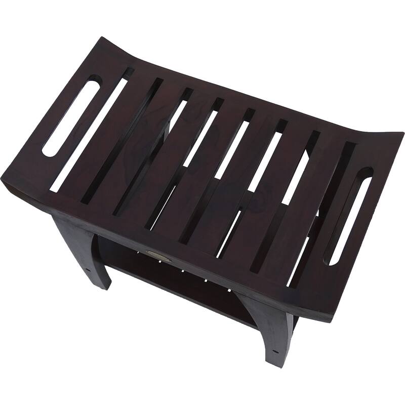 Compact Curvilinear Teak Shower Outdoor Bench with Shelf and Liftaide Arms in Brown Finish