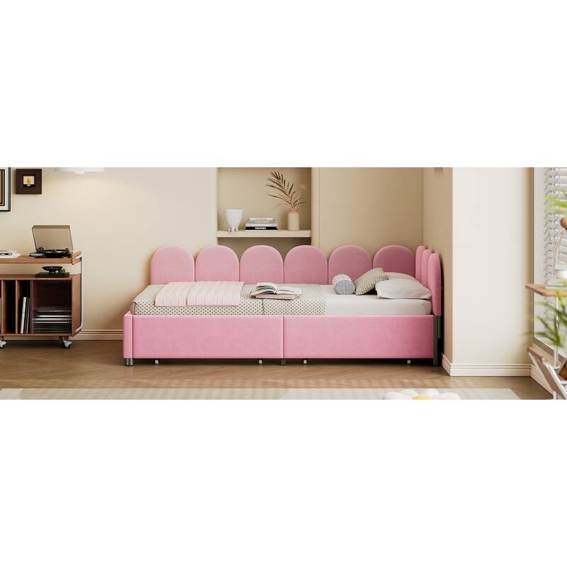 Velvet Upholstered Daybed with Two Drawers and Soft Headboard