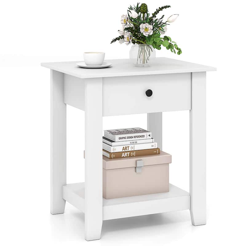 Costway 1/2 PCS Nightstand with Drawer 3-Tier Modern Bedside Table - White-1 PCS