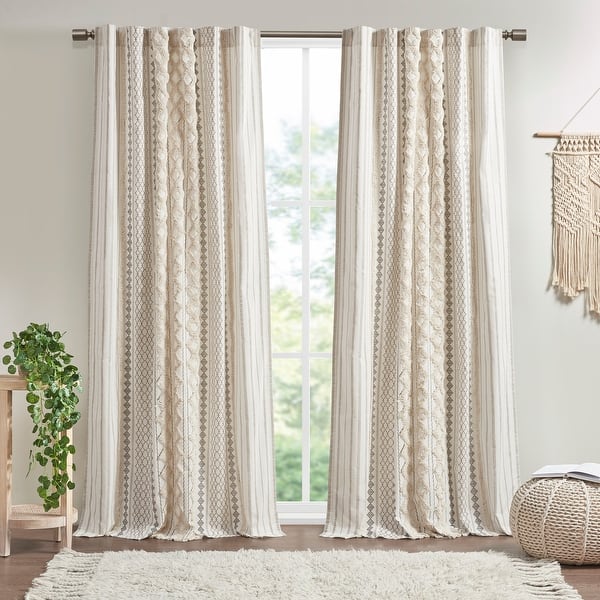 INK+IVY Imani Cotton Printed Single Curtain Panel with Chenille Stripe and Lining - 50x95" - Ivory