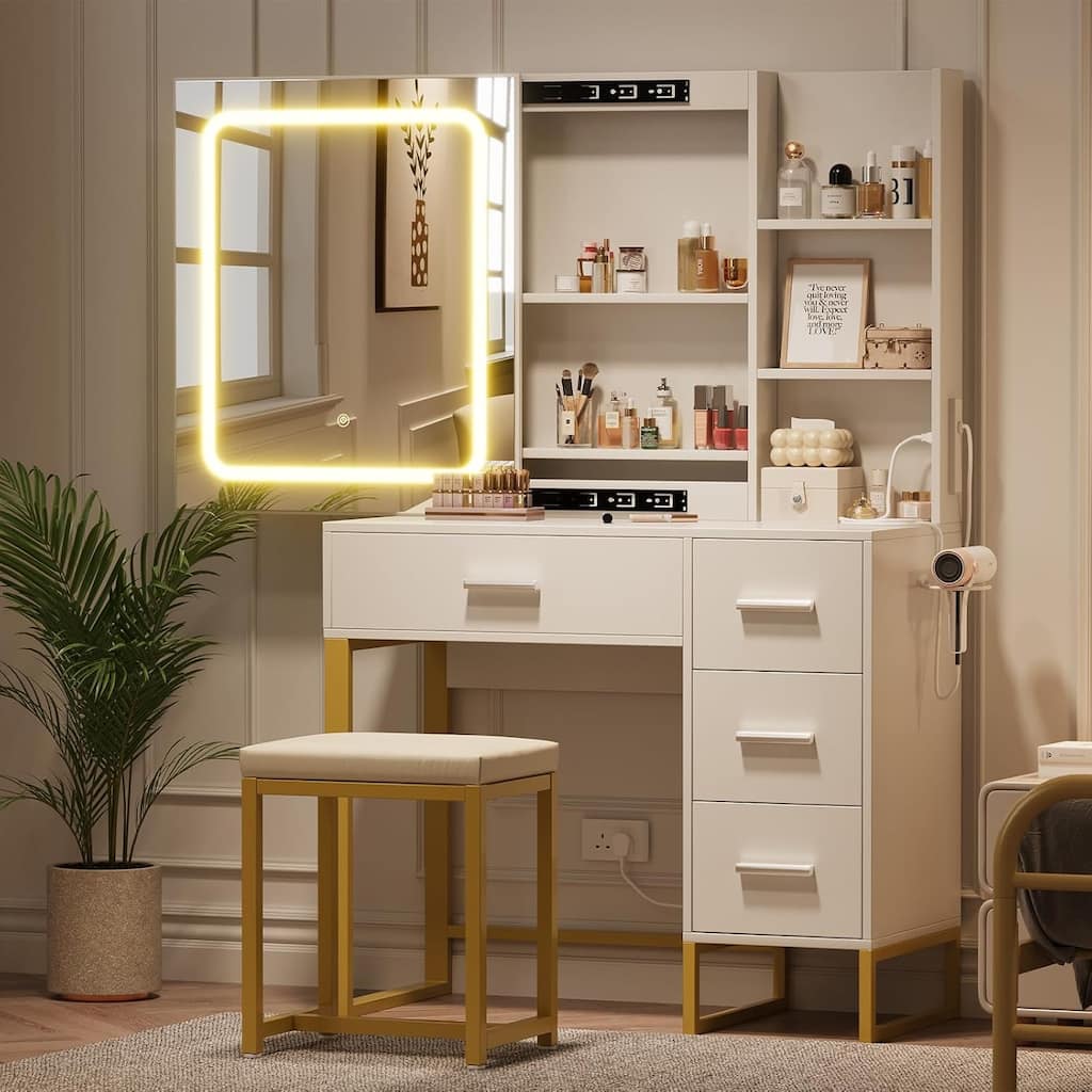 Vanity Desk with Sliding LED Mirror & Lights, Power Outlet, 4 Drawers, Storage Shelves & Cushioned Stool for Bedroom