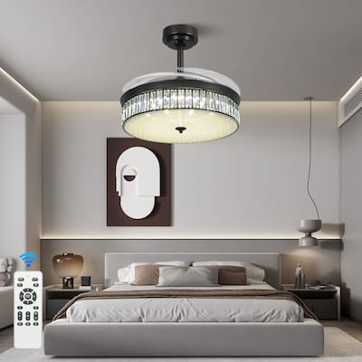 42 in. Indoor Black Downrod Mount Retractable Crystal Chandelier Ceiling Fan with Remote and Light Kit