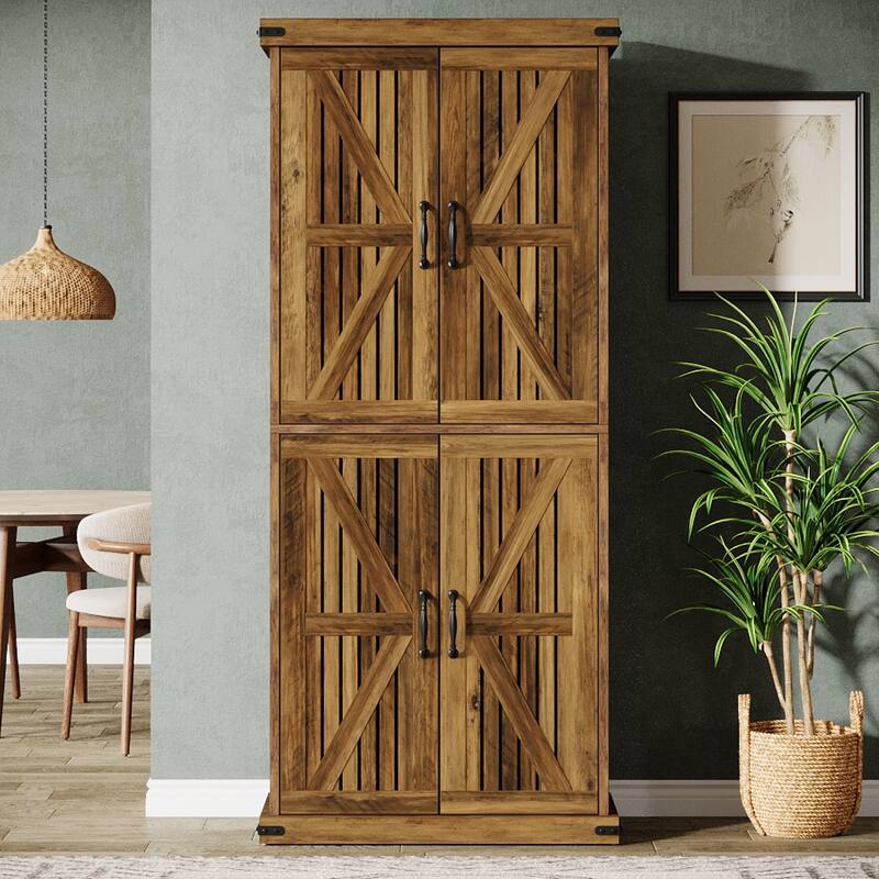 71" Tall Kitchen Pantry Storage Cabinet with Barn Doors - Brown