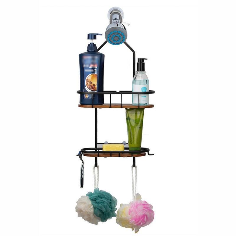 Utopia Alley Rustproof Teak Shower Caddy Organizer with 2 Shelves, Includes Shower Rod, Shower liner and shower hooks, Black