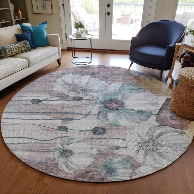 Machine Washable Indoor/ Outdoor Chantille Modern Floral Rug - Teal - 8' x 8'