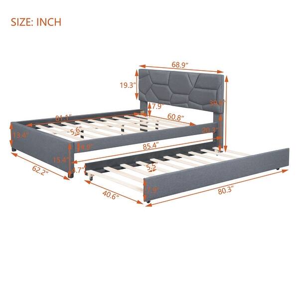 Linen Fabric Platform Bed with Brick Pattern Headboard, with Twin XL Trundle, Queen Size, Grey