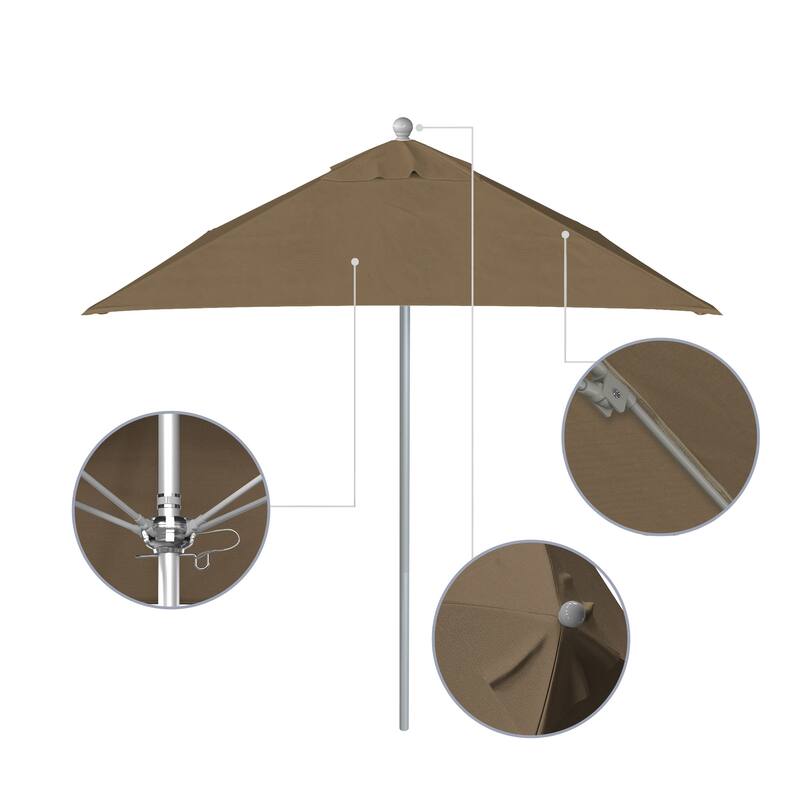 California Umbrella 6' Sq. Aluminum Frame, Fiberglass Rib Patio Umbrella, Push Open, Anodized Sliver Finish, Sunbrella Fabric