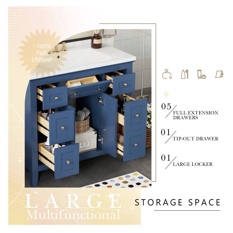 36'' Bathroon Vanity with Resin Sink Combo Set, Modern Freestanding Single Bathroom Cabinet with 6 Drawers & 2 Cabinets,Blue