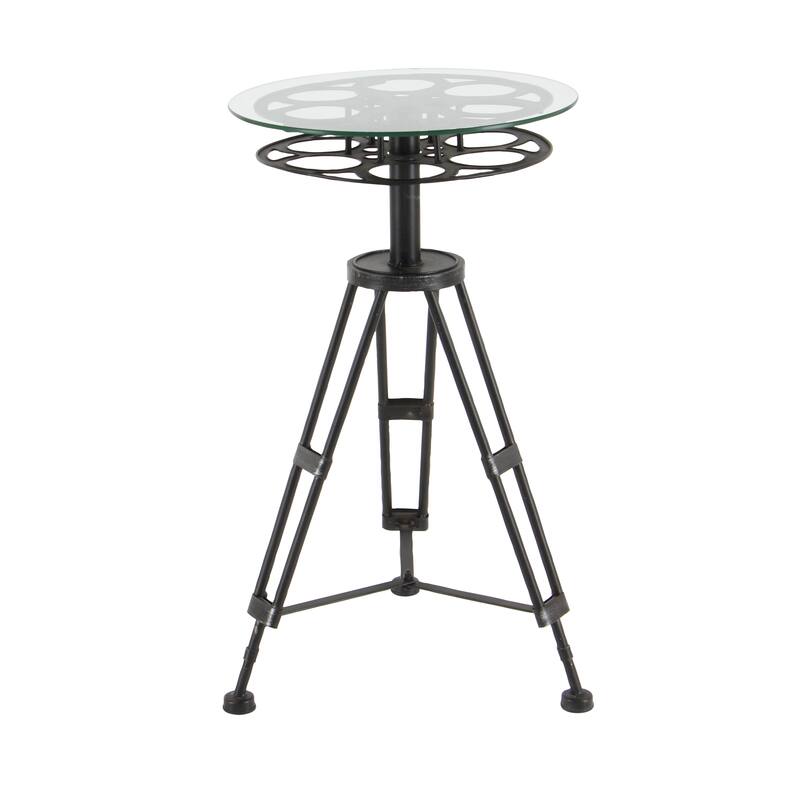 Metal Film Reel Accent Table with Tripod Legs and Glass Top - Black - Roche River Decor - 15"Wx15"Lx25"H