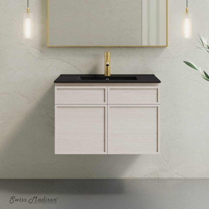St. Tropez 30" Wall-Mounted Bathroom Vanity In White Oak With Black Sink Top - 30
