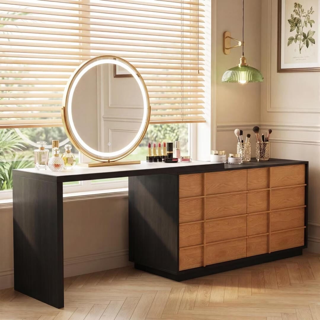 Extendable Vanity Desk with Wood Storage Cabinet, Leather Top & 6 Drawers