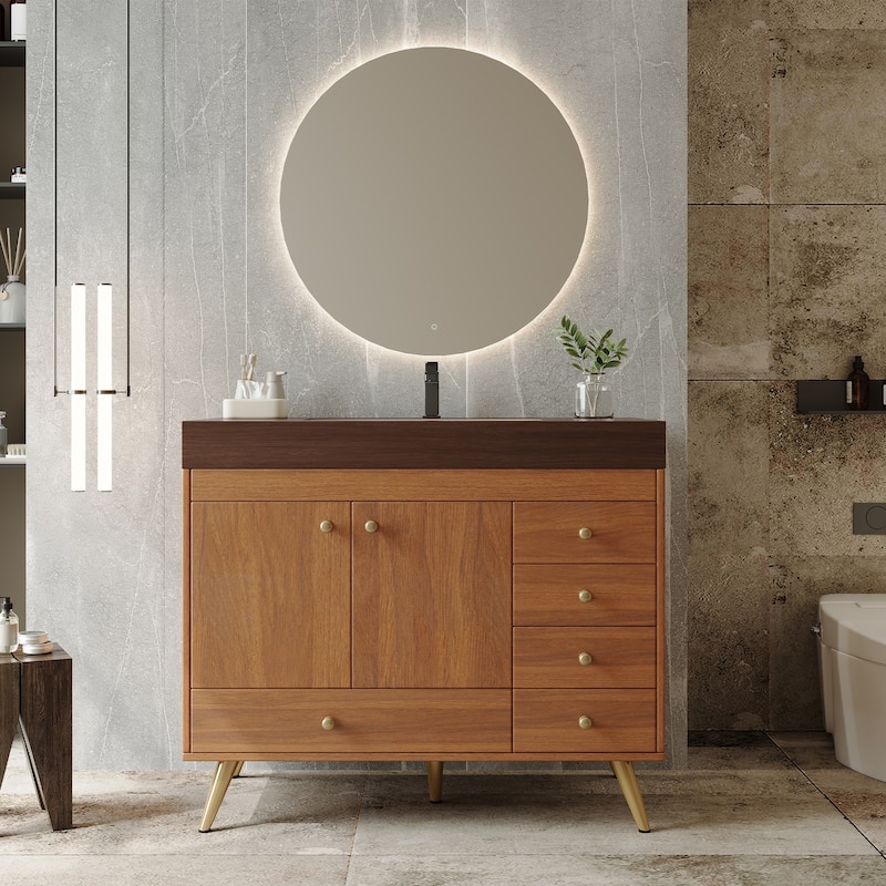 36" Bathroom Vanity with Faux Marble Top & Ceramic Sink, 5-Drawer Storage Cabinet with Stainless Steel Legs - Brown+Walnut