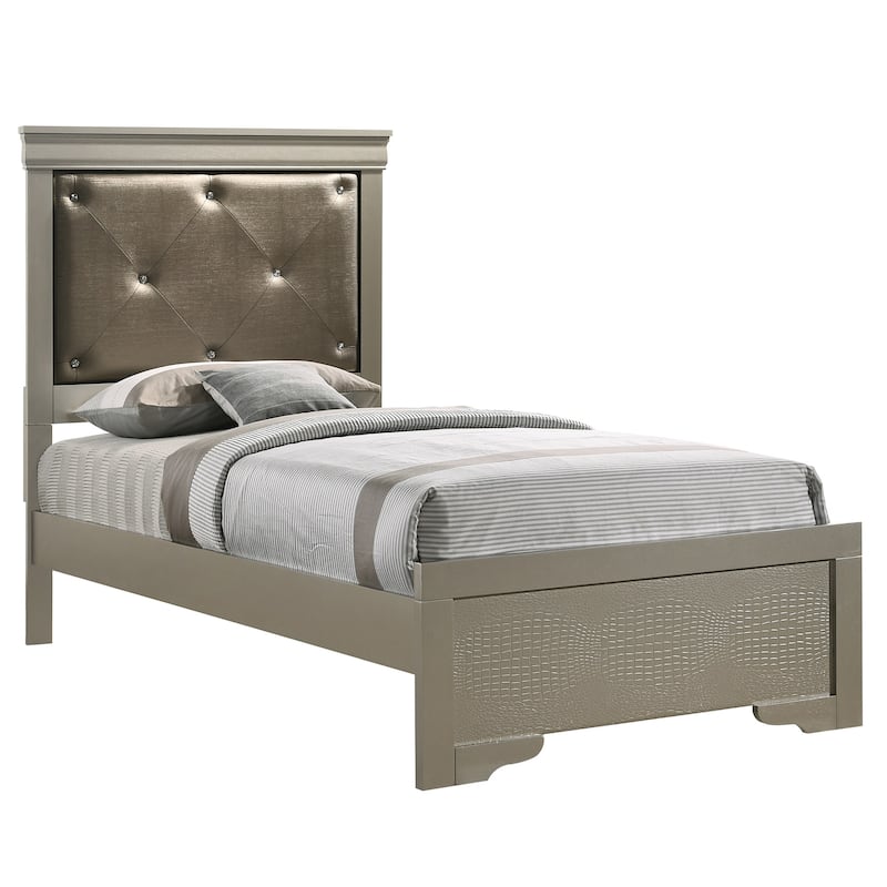 Tufted Twin Panel Bed - 80" - Silver Champagne