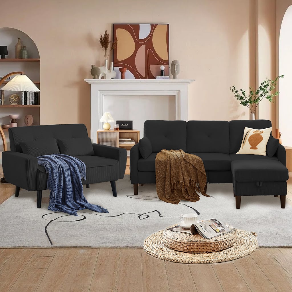 77.17" Corduroy 3 Pieces Living Room Sets with Sofa, Ottoman and Loveseat