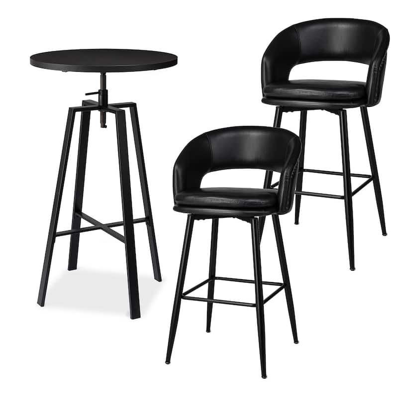 Glitzhome Modern 3-Piece Adjustable Bar Table Faux Leather Stool Pub Sets - Black-1