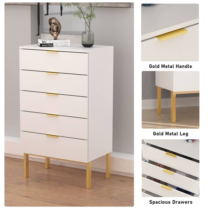 5 Drawer Dresser Chest End Table Storage Cabinet 23.6'' W White/Back