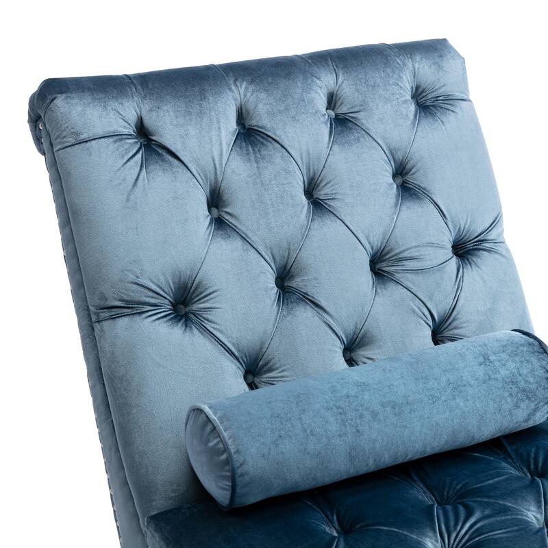 Light Blue Modern 63.98" Upholstered Buttons Tufted Chaise Lounge Chair with Pillow and Acrylic Legs