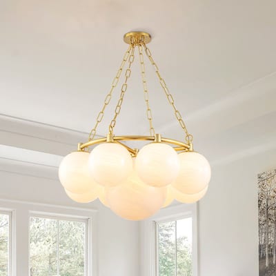 9-Light Mid-century Aged Brass Opal Cloud Glass Dimmable Chandelier