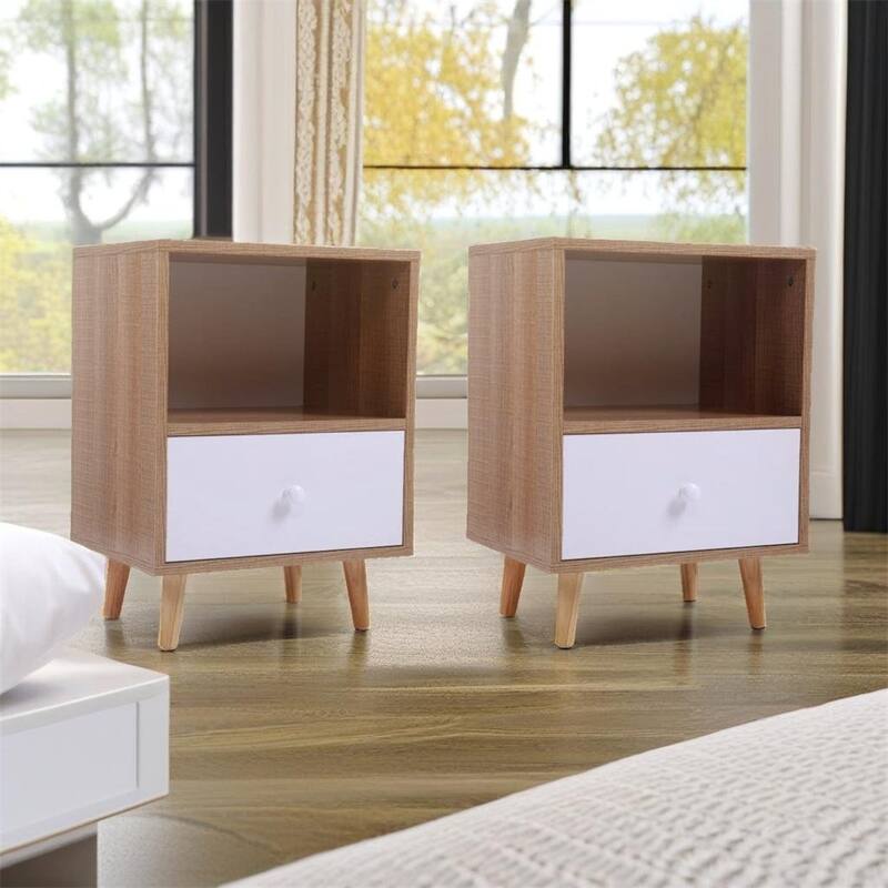 Wooden Storage Nightstand with Drawer and Legs(Set of 2)