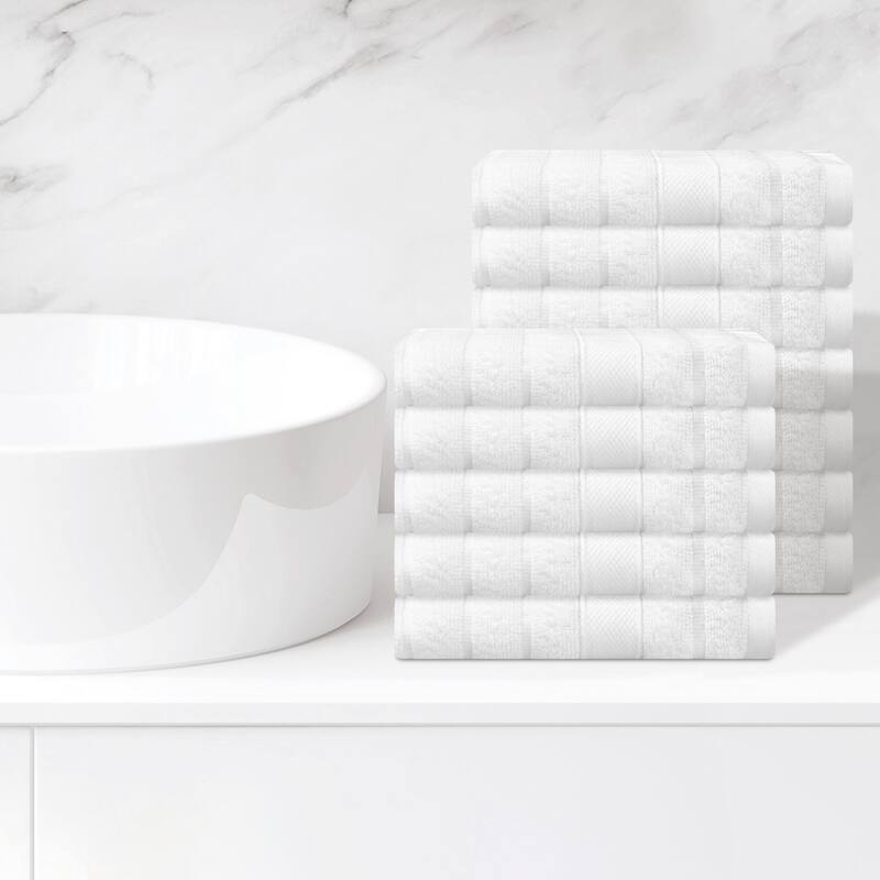 Striped 12 Pack Washcloths, Pure Cotton Face Towels, Comfort Towels for Bathroom, Hotel, Spa 14"x14" - White