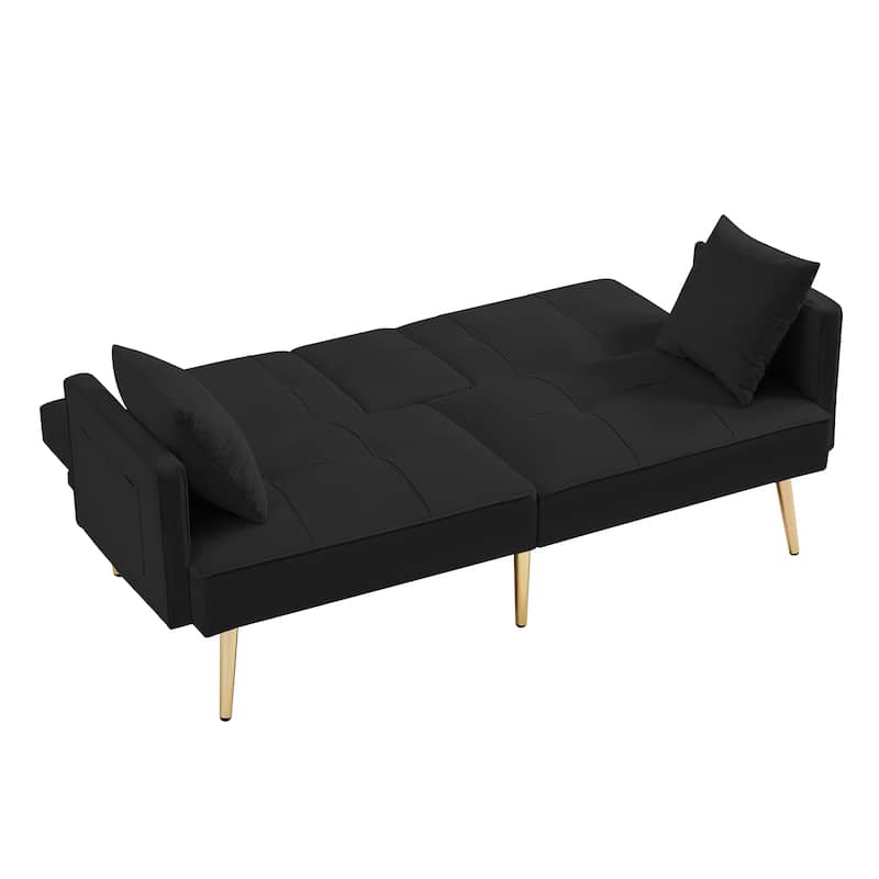 Velvet Loveseat Adjustable Backrest Futon Sofa Bed with 2 Pillow and 2 Cup holder Recliner Sofa w/ Pocket 2-seat Armchair