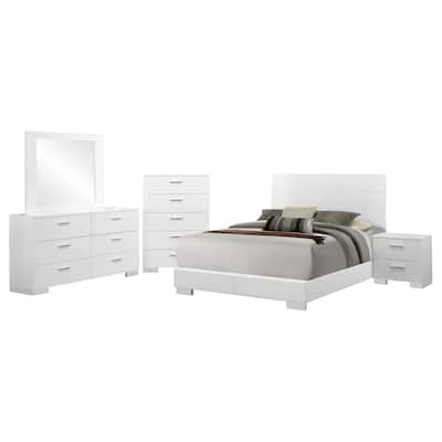 Sok 5pc Queen Bedroom Set with Dresser Mirror, White High Gloss Wood