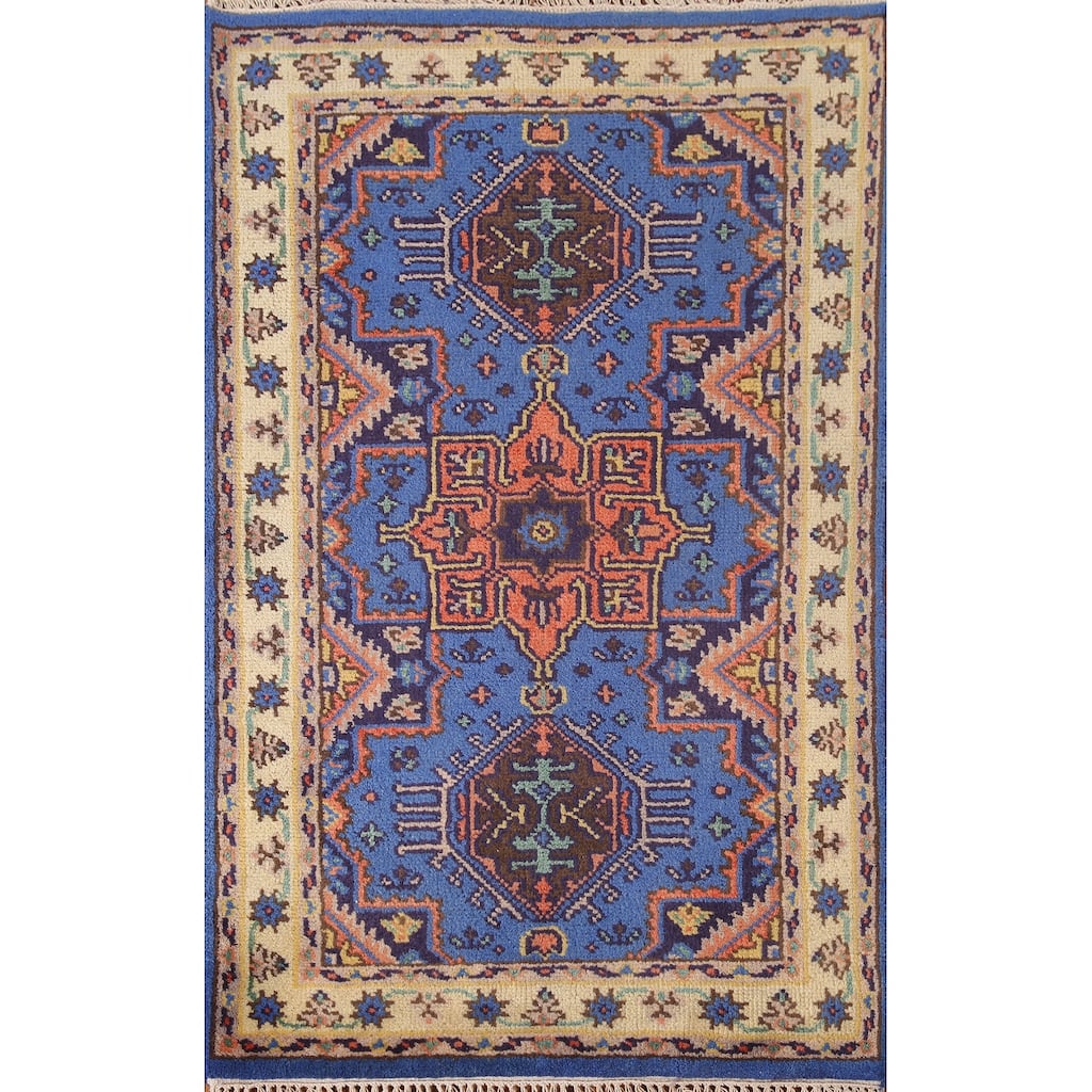 Blue Geometric Kazak Oriental Accent Rug Handmade Wool Carpet - 3'0"x 5'0"