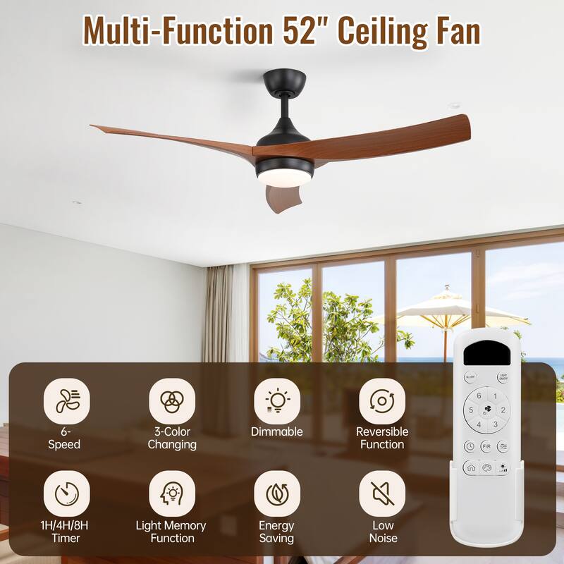 52/60 Inch Ceiling Fan with Integrated LED Light and Remote Control Quiet DC Motor - 52 Inch #52k169 - Black and Dark wood grain