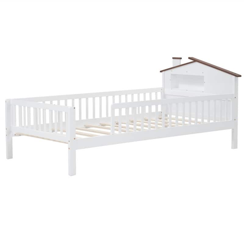 Twin/Full Size House Platform Bed with LED Light and Fence Guardrails, Wooden Kids Bed Frame with House Shaped Headboard