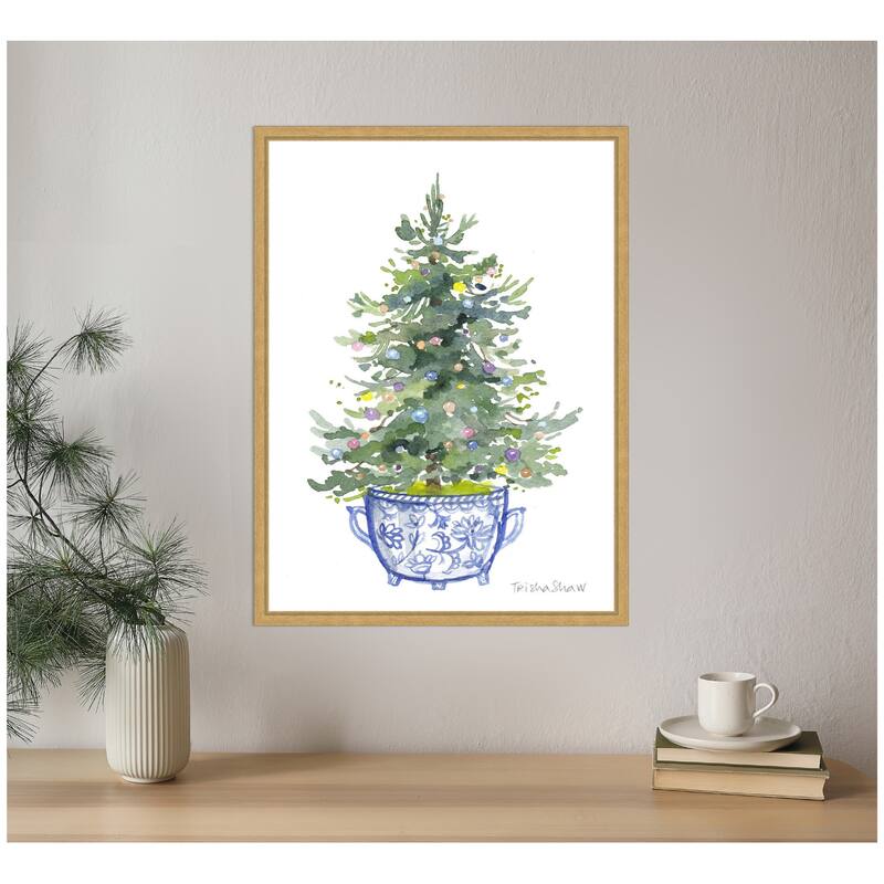 Kate and Laurel Sylvie Framed Canvas Traditional Christmas Tree In Blue Chinoiserie Pot by Patricia Shaw