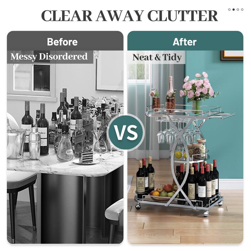 Myhozm Metal Glam Bar Cart with Glass Shelves and Wine Rack