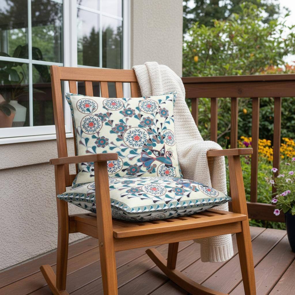 HomeRoots Set of Two 16" X 16" Black and Off White Peacock Blown Seam Floral Indoor Outdoor Throw Pillow