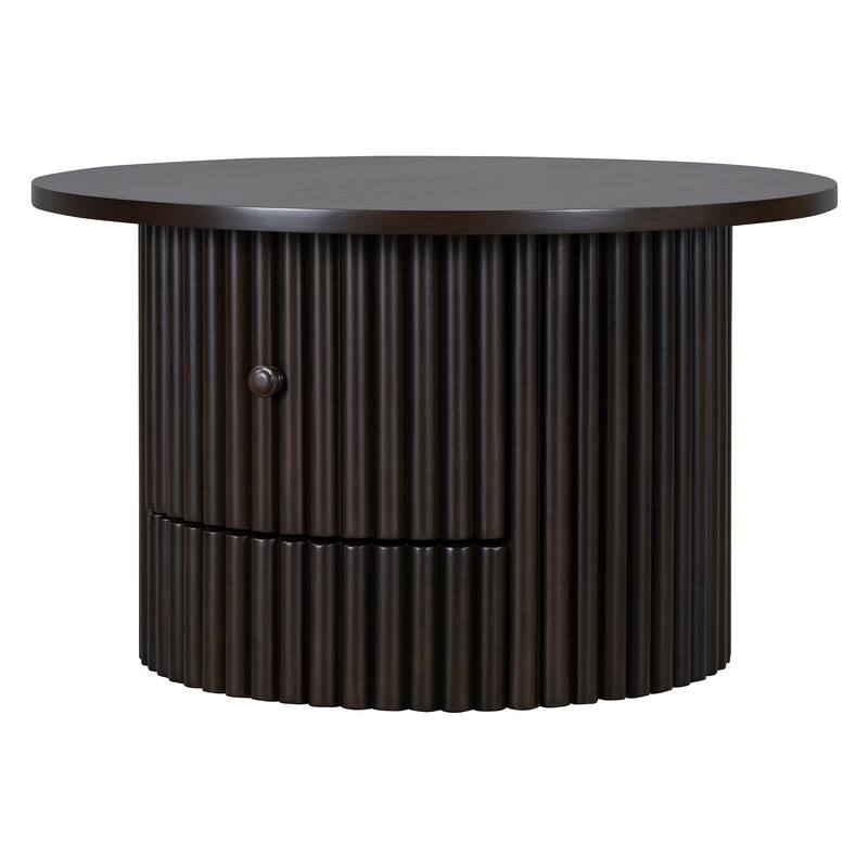 Round Coffee Table, Farmhouse Coffee Table with Drawer, 30.5" Wood Center Table with Vertical Slat Base for Living Room