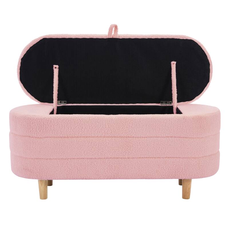 Elegant Upholstered Sherpa Fabric Storage Ottoman with Wood Legs, Storage Bench for Bedroom, Living Room