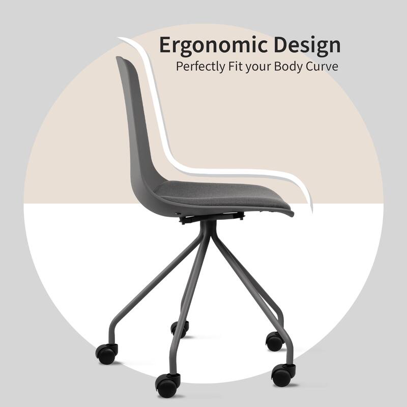 Set of 2 Ergonomic Office Armless Task Chairs with Wheels Plastic Fabric Padded Seat Curved Round Metal Wire Legs for Computer
