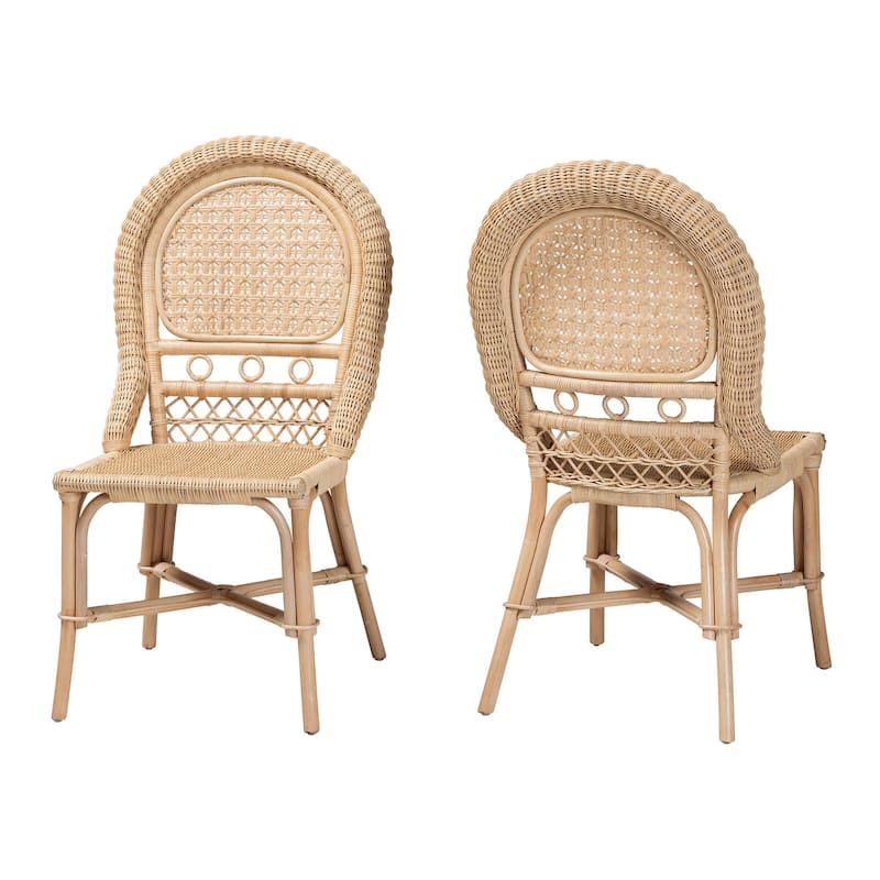 Jelita Modern Bohemian Natural Brown Rattan 2-Piece Dining Chair Set - Natural Brown