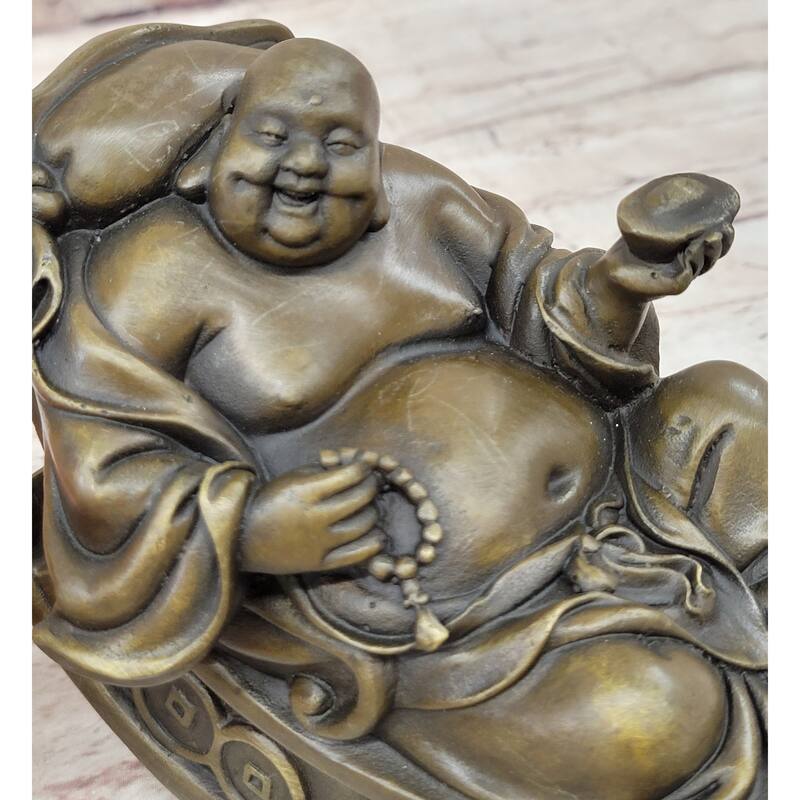 Laughing Buddha On Rocking Chair Bronze Figurine Statue Sculpture Original Art