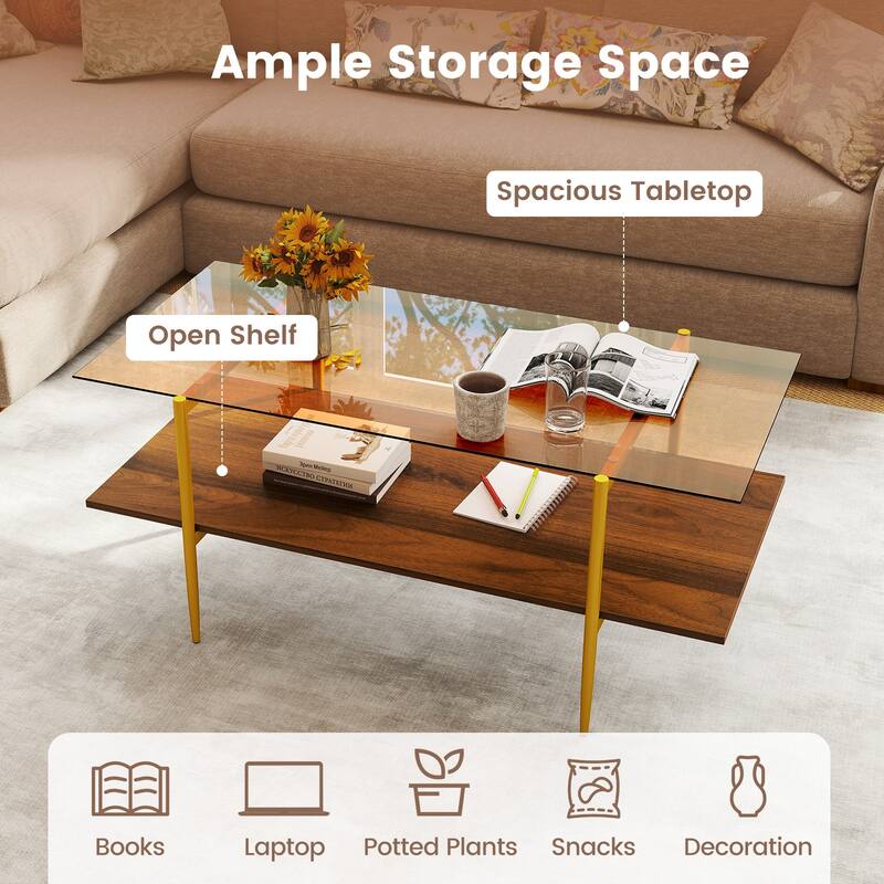 Gymax 2-Tier Glass Coffee Table w/ Tampered Glass Tabletop & Open