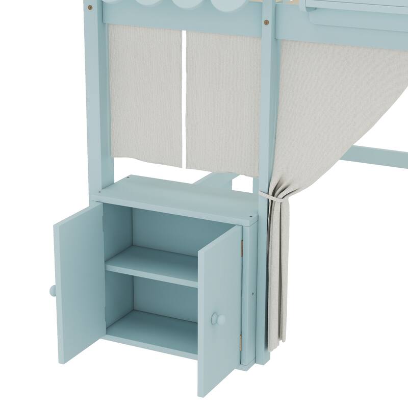 Fairy Tale Cottage Loft Bed with Tent, Bookshelf and Storage Cabinets