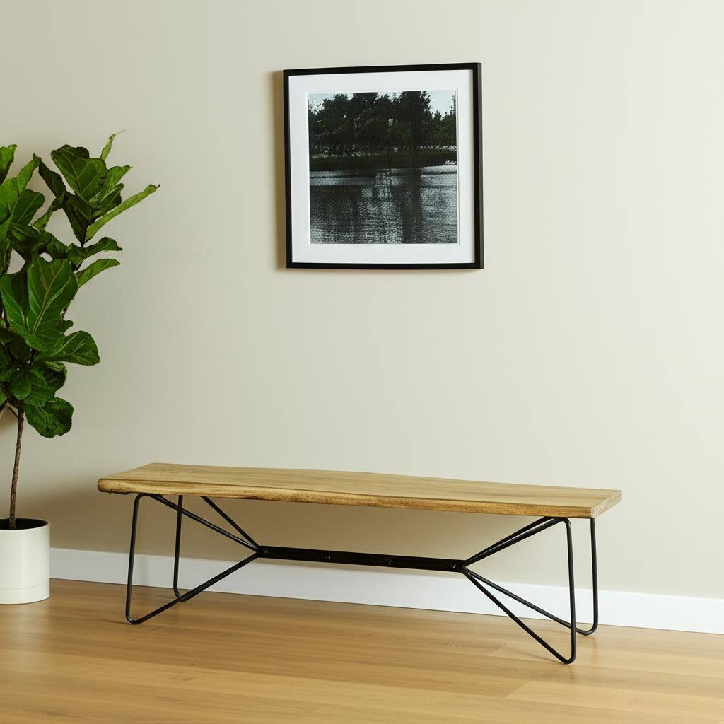 HomeRoots 66" Natural and Black Solid Wood Live Edge Bench - 66 in. x 18 in. x 16 in.