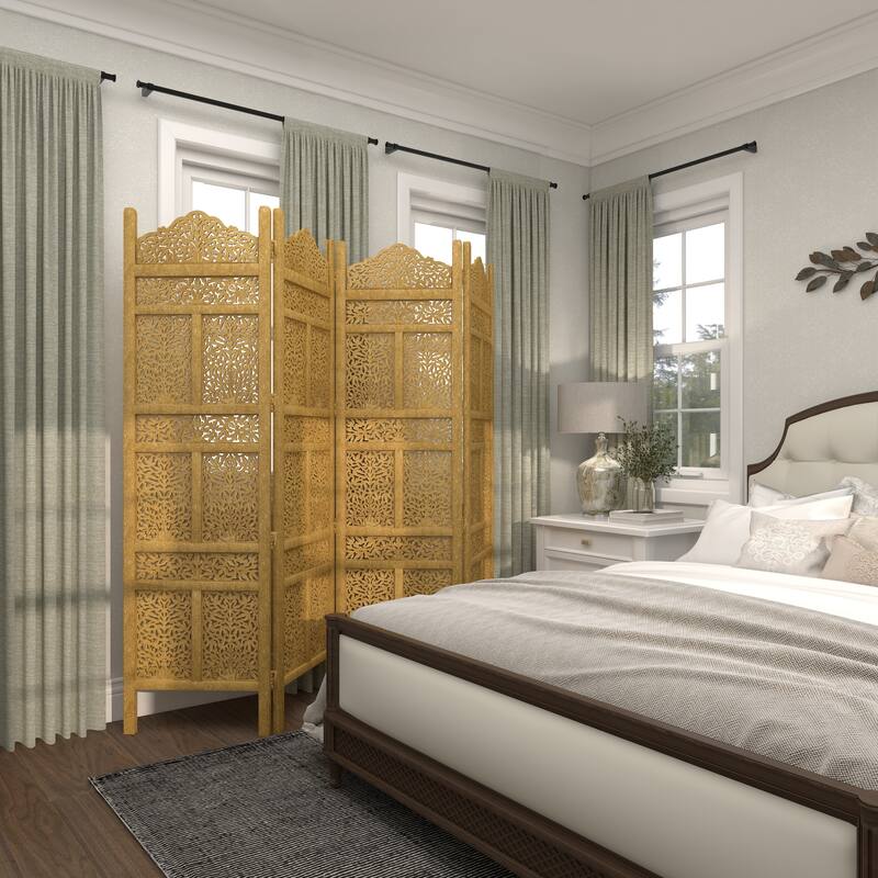 Gold Wooden Handmade Foldable Partition 4 Panel Floral Partition Room Divider Screen with Carved Designs