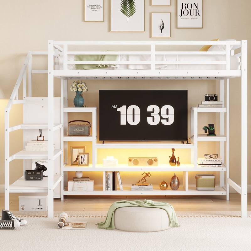 Full Size High Metal Loft Bed Frame with Entertainment TV Stand, Shelves, LED Light Strip, Charging Station, Staircase Wardrobe