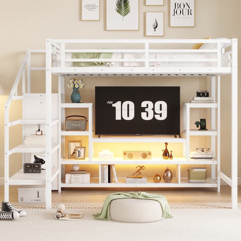 Full Size Loft Bed with TV Cabinet, Heavy Duty Metal Loft Bed Frame, Kids Iron Loftbed Frame with Wardrobe and Charging Station - White - Full