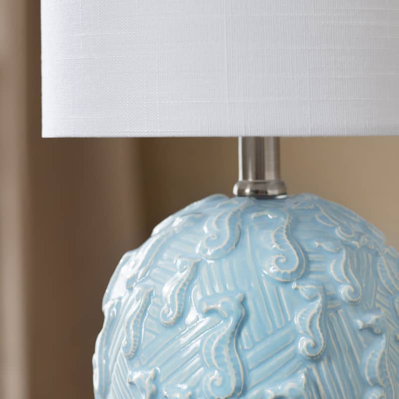 Light Blue Ceramic Seahorse Table Lamp with Shade - 9" x 9" x 16"