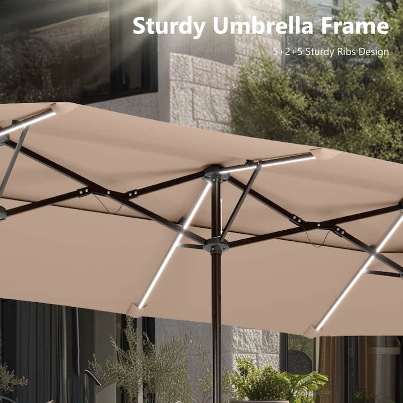 MAISON ARTS 13ft Double-Sided Outdoor Umbrella, 2-Tier Vented Market Umbrella with Colored Lights and Base