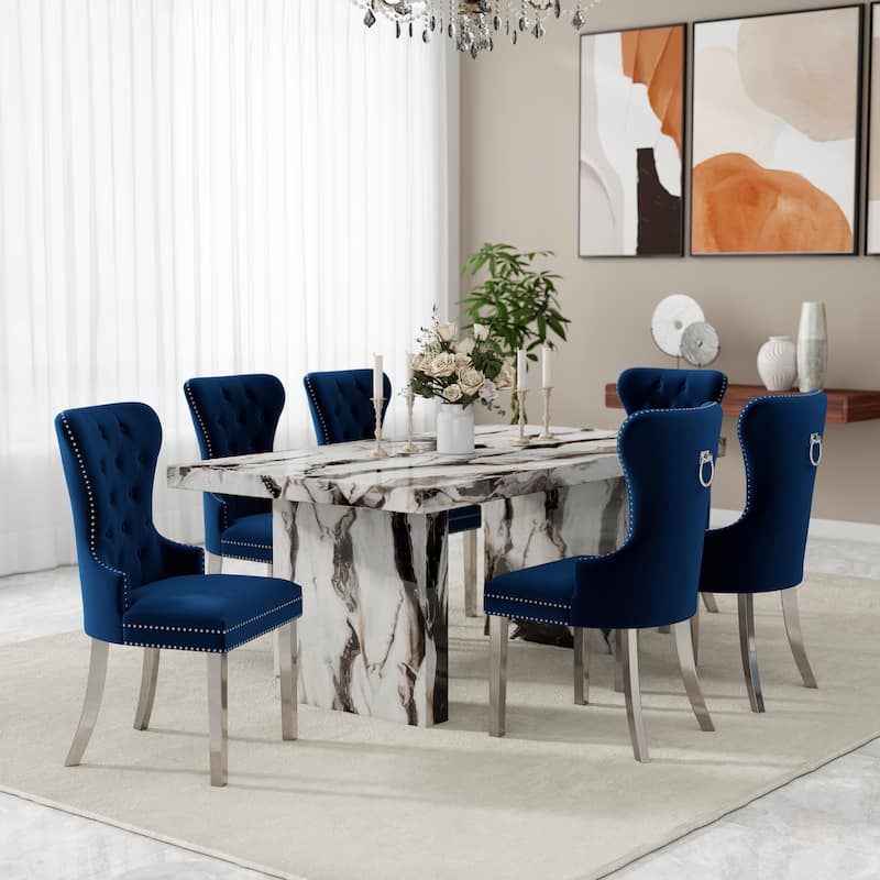 Roundhill Furniture Cavira 7-Piece Modern Faux Marble Dining Set - Blue