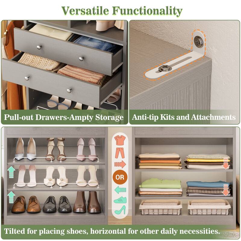 Set of 2 Closet System with 6 Hanging Rods and 4 Drawers, Adjustable Closet System with Shelves and Shoe Rack