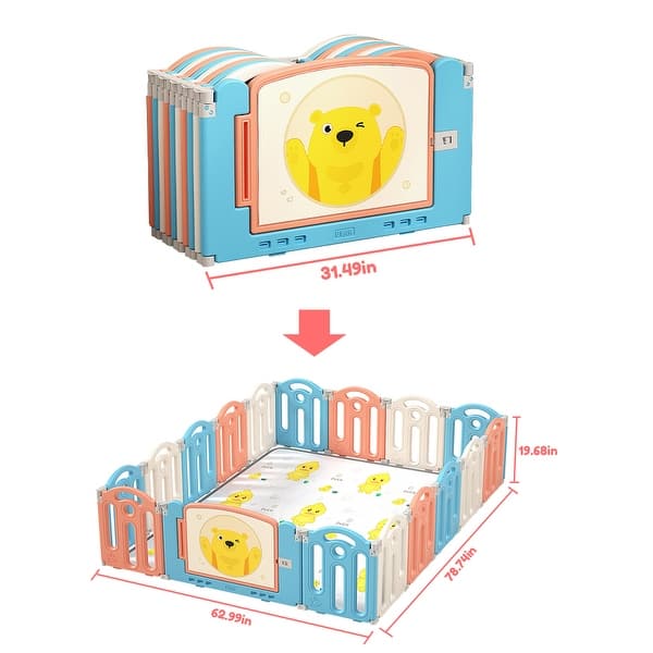 dimension image slide 0 of 2, Bear Foldable Baby Safety Play Yard with 16 Panel and Play Mat