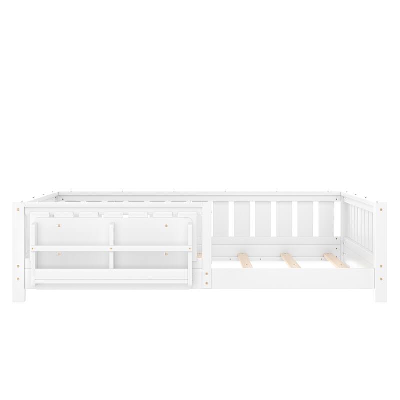Montessori Floor Bed Low Profile Kids Bed with Rails & Bookshelf